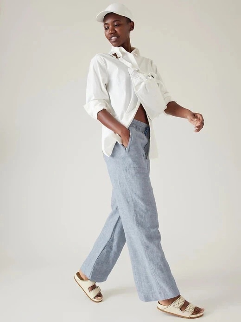 Athleta Retreat Linen Wide Leg Pant Chambray Blue Minimalist, 14